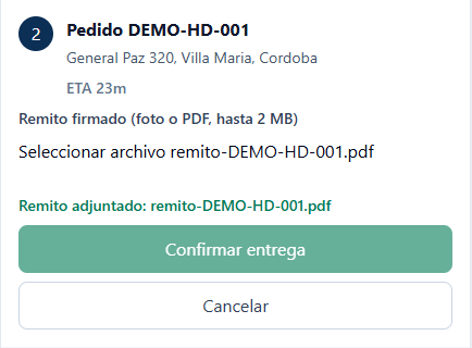 Pantalla del chofer de SCE para adjuntar un remito y confirmar una entrega