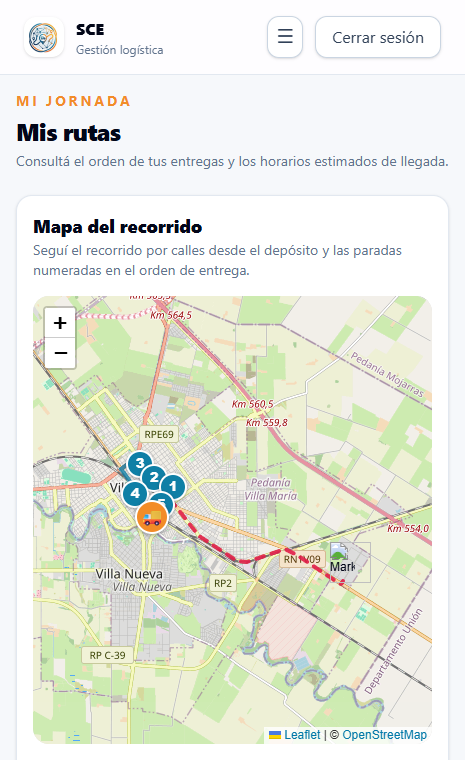 Captura real de SCE en celular con las paradas del recorrido del chofer