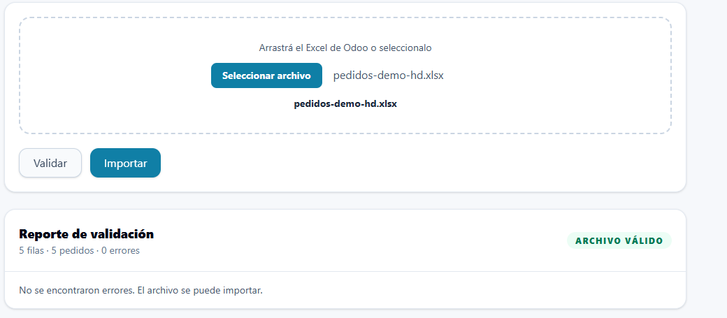 Validación real del archivo Excel de pedidos en SCE